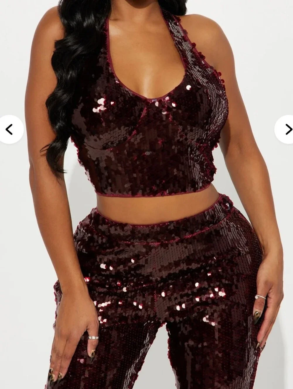 Fashion Nova Burgundy Sequin Halter Crop Top & Flare Pants Set - Picture 2 of 6